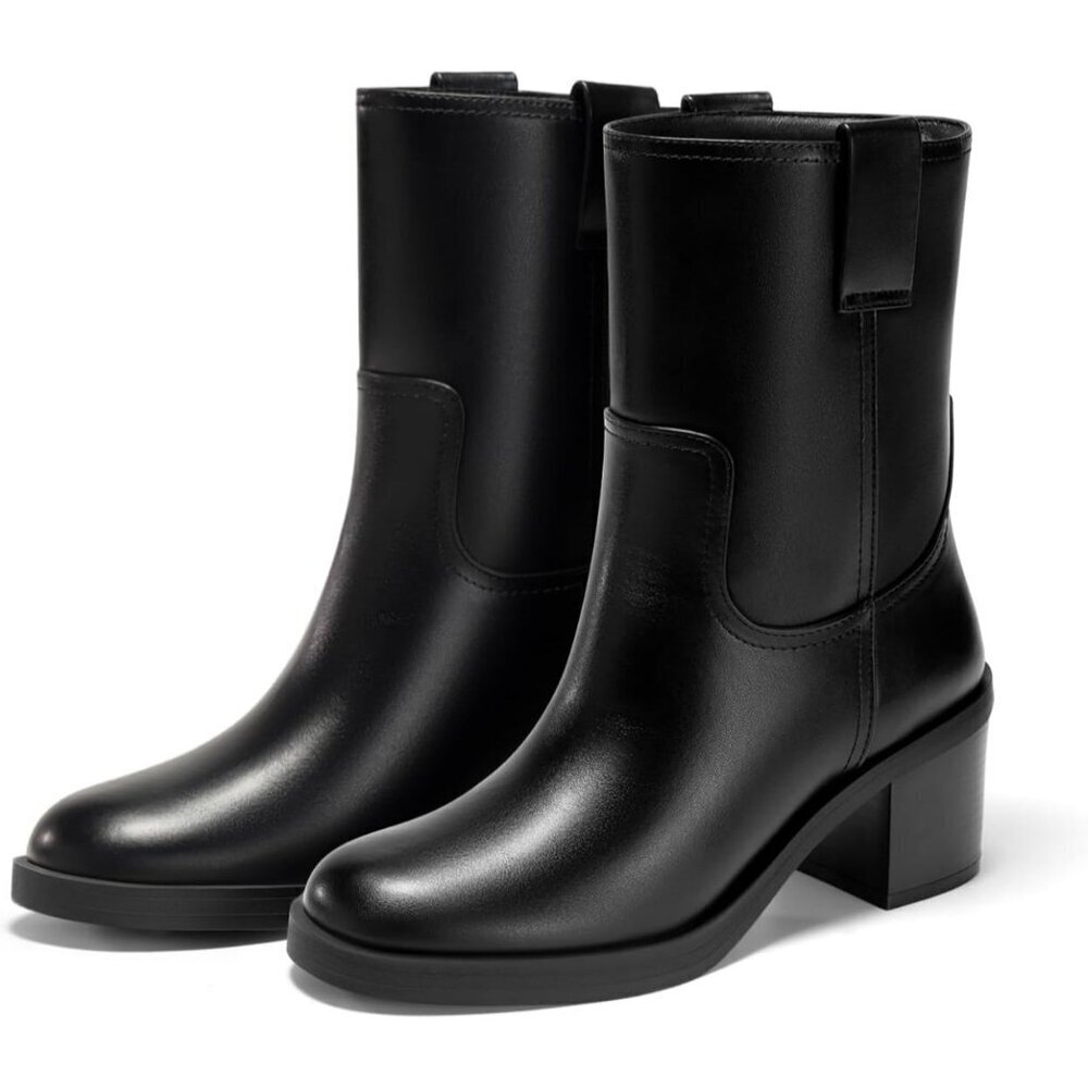 Women's Black Platform Mid Calf Boots - Chunky Block Heel Round Toe Stylish